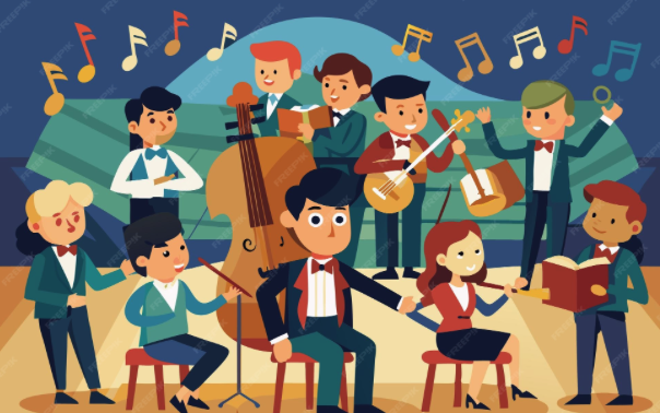 A school orchestra performing on stage.